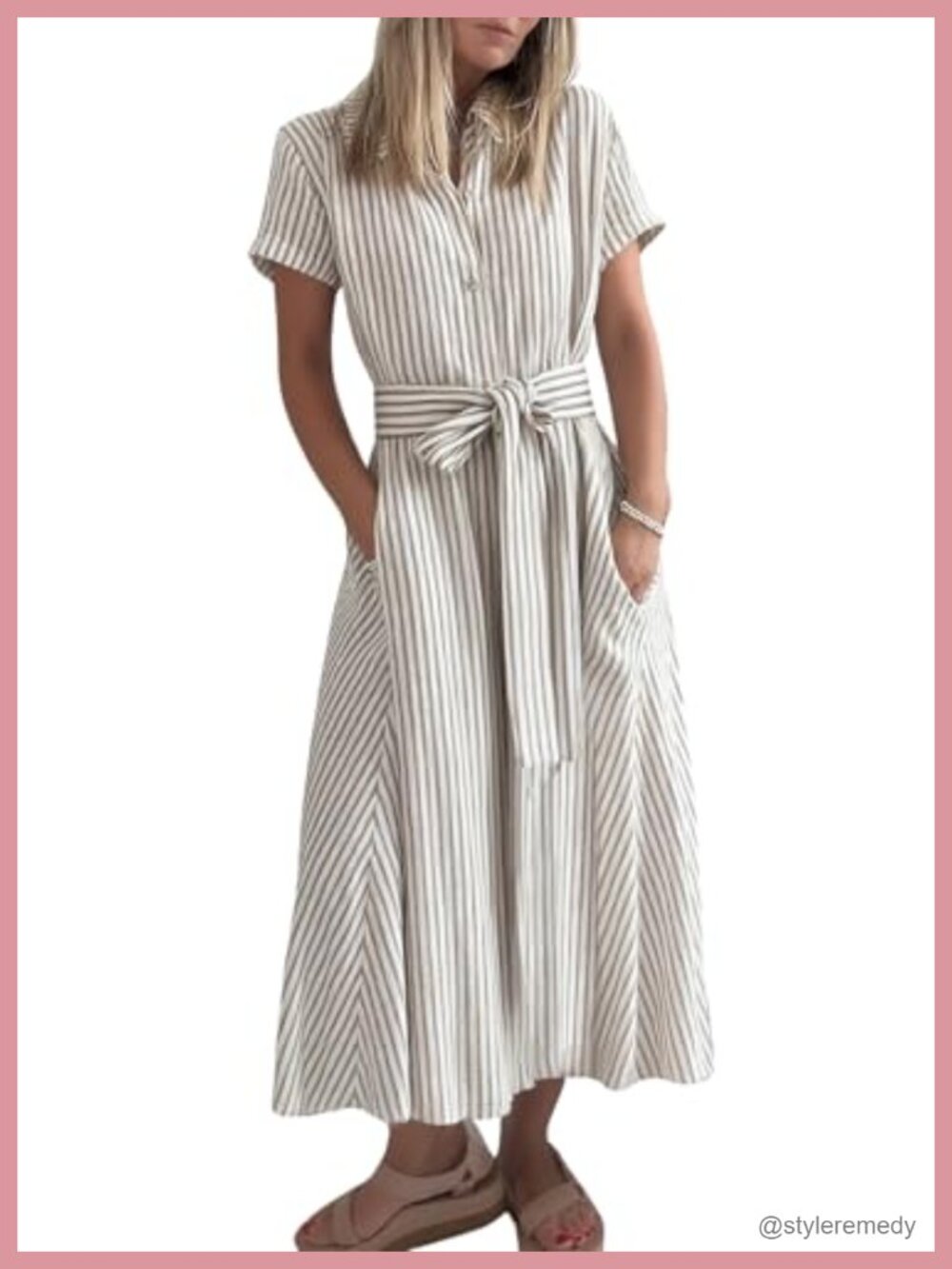 Women's 100% Cotton Striped Maxi Shirt Dress Short Sleeve Button Down